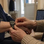 Bracelet alzheimer gps posé sur le poignet d’un proche âgé, pour la sécurité