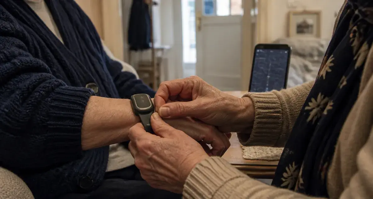 Bracelet alzheimer gps posé sur le poignet d’un proche âgé, pour la sécurité