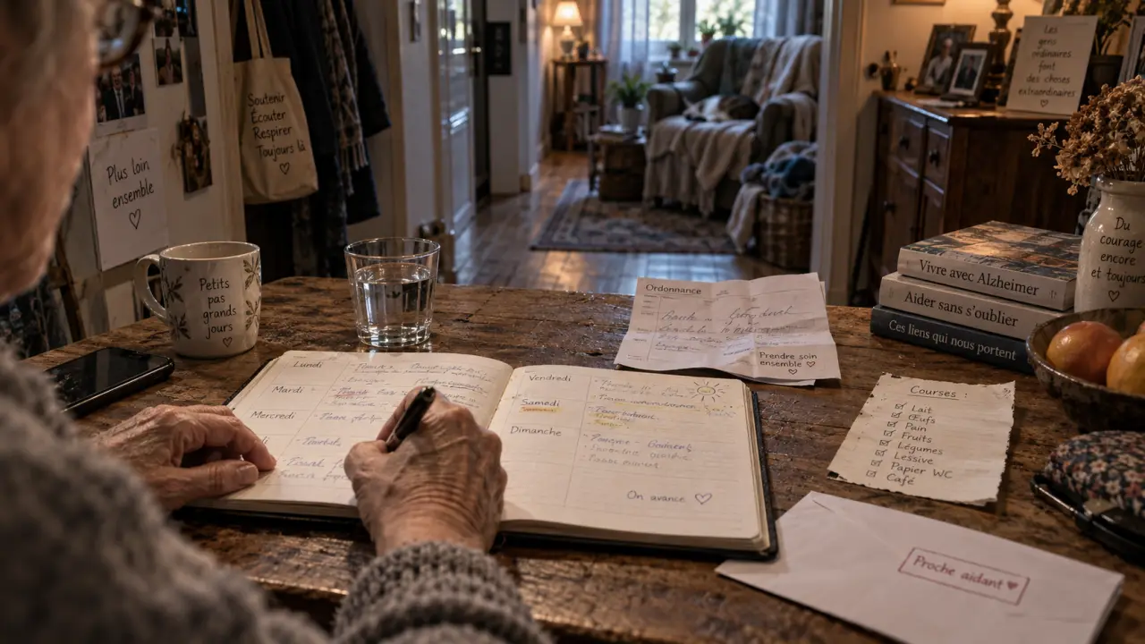 Devenir aidant familial : mains sur cahier et ordonnance, aide sans s’épuiser