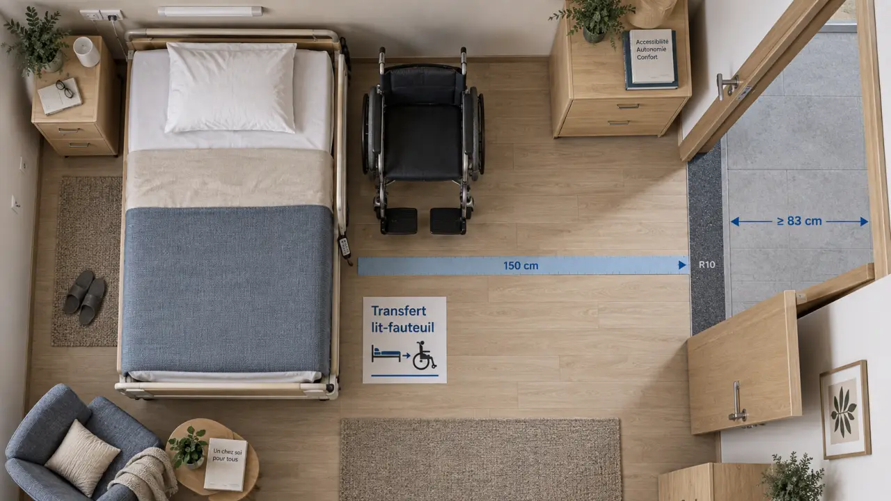 Dimensions pmr chambre : passage et transfert pour fauteuil roulant