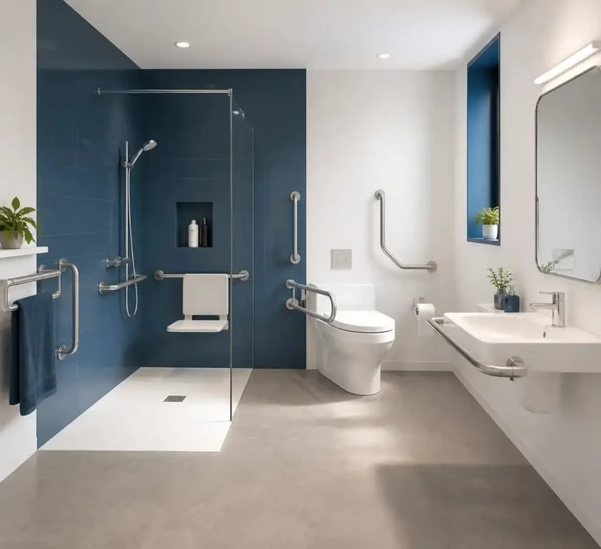 Salle de bain accessible PMR avec douche de plain-pied, barres d'appui et lavabo adapté