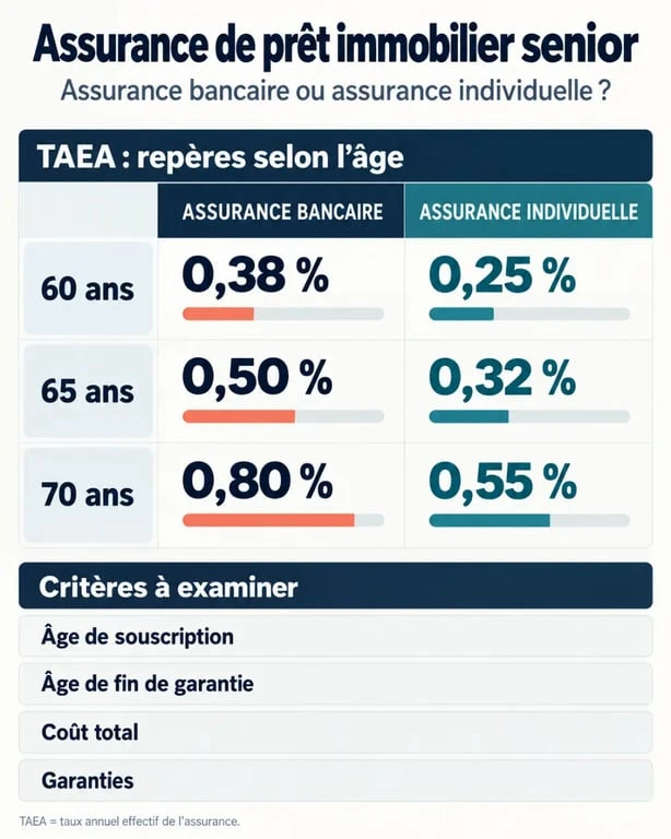 Infographie comparative sur l’assurance de prêt immobilier senior entre banque et assurance individuelle