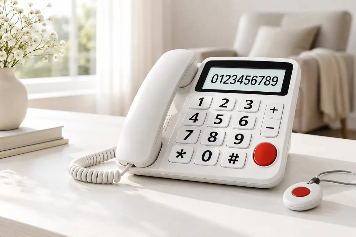 Téléphone fixe senior avec grosses touches, bouton SOS et médaillon