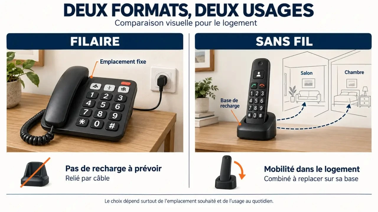 Comparaison d’un téléphone fixe senior filaire et sans fil