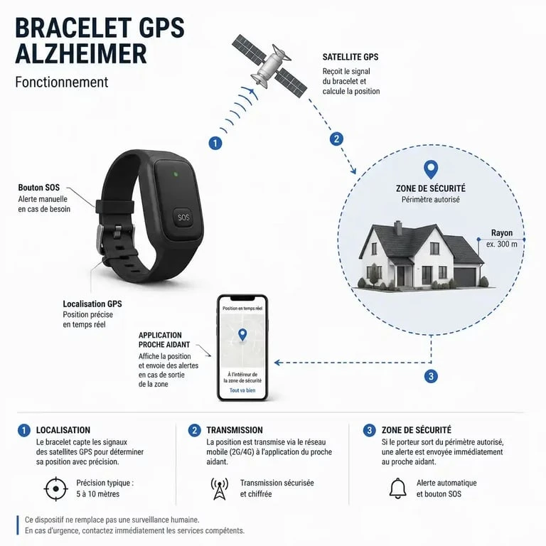 Fonctionnement d'un bracelet GPS Alzheimer avec géofencing
