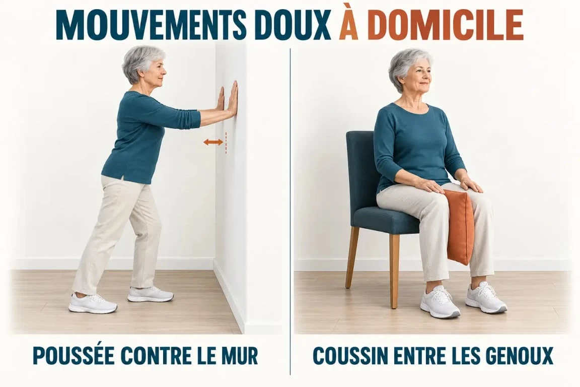 Exercices de renforcement musculaire personnes âgées PDF : poussée au mur et pression sur coussin