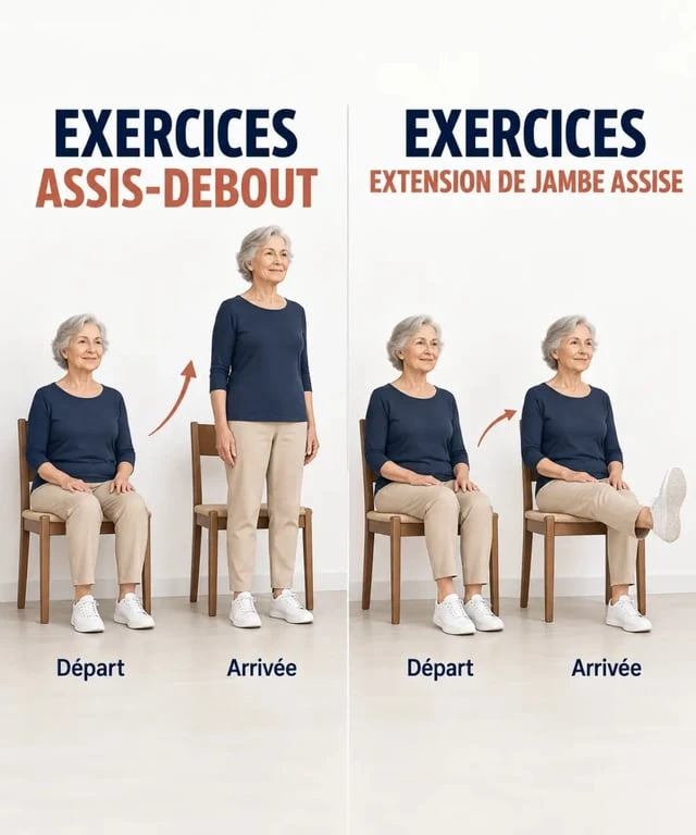Exercices de renforcement musculaire personnes âgées PDF : assis-debout et extension de jambe avec une chaise