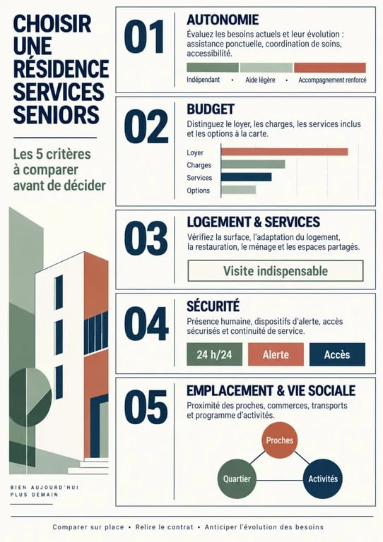 Comment choisir une résidence services seniors Seniorescence selon l’autonomie, le budget, les services, la sécurité et l’emplacement