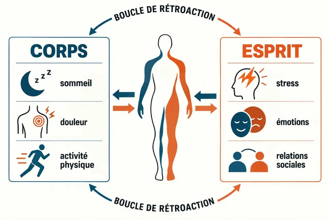 Schéma sur les liens entre santé physique et mentale, le stress, le sommeil et les émotions