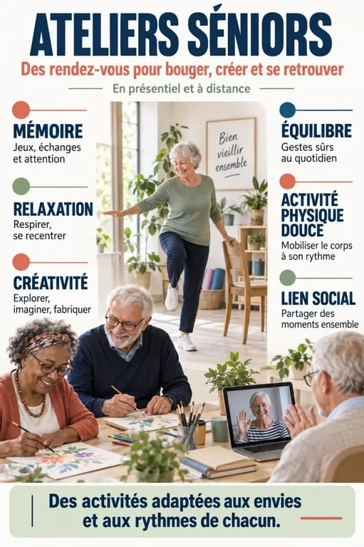 Infographie sur les objectifs et les formats d’un atelier séniors