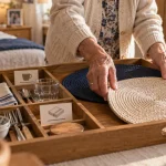 Méthode montessori personnes âgées : résidente qui place des sets de table en EHPAD