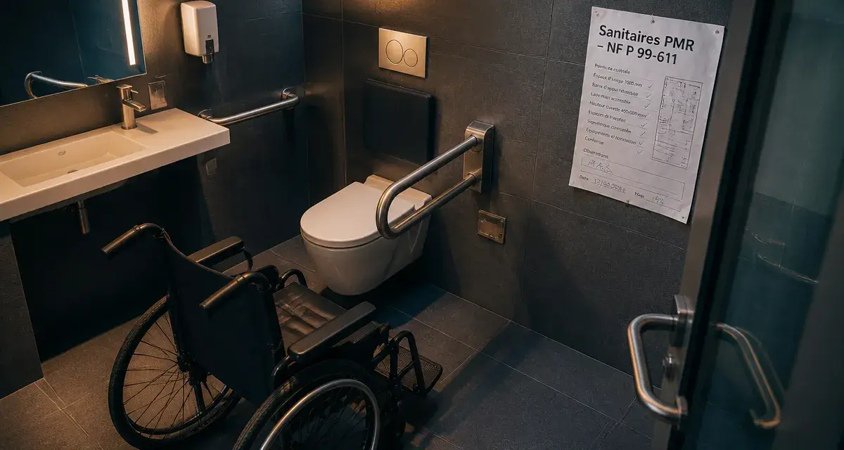 Norme pmr sanitaire : cabine PMR accessible ERP, fauteuil roulant et équipements