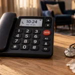 Téléphone fixe senior avec grandes touches et bouton SOS rouge