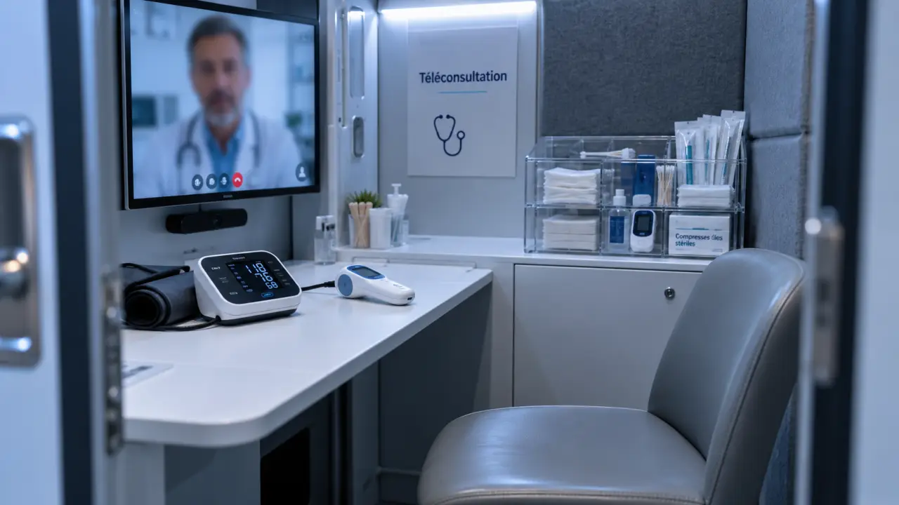 Cabine médicale pour téléconsultation, médecin en visioconférence et examen guidé