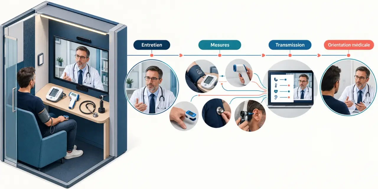 Schéma du fonctionnement d’une cabine médicale de téléconsultation avec instruments connectés