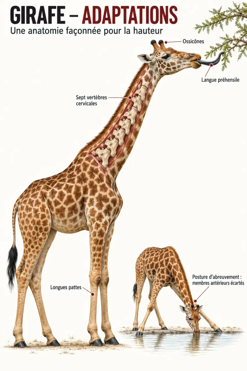 Infographie sur la girafe « giraff » montrant son anatomie et sa posture pour boire