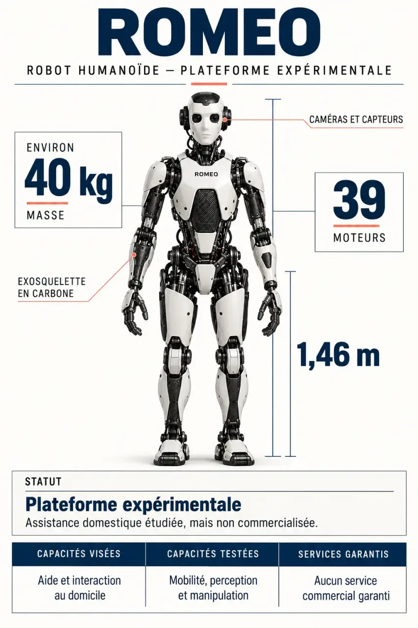 Infographie du robot Romeo avec ses caractéristiques techniques et ses limites d'usage