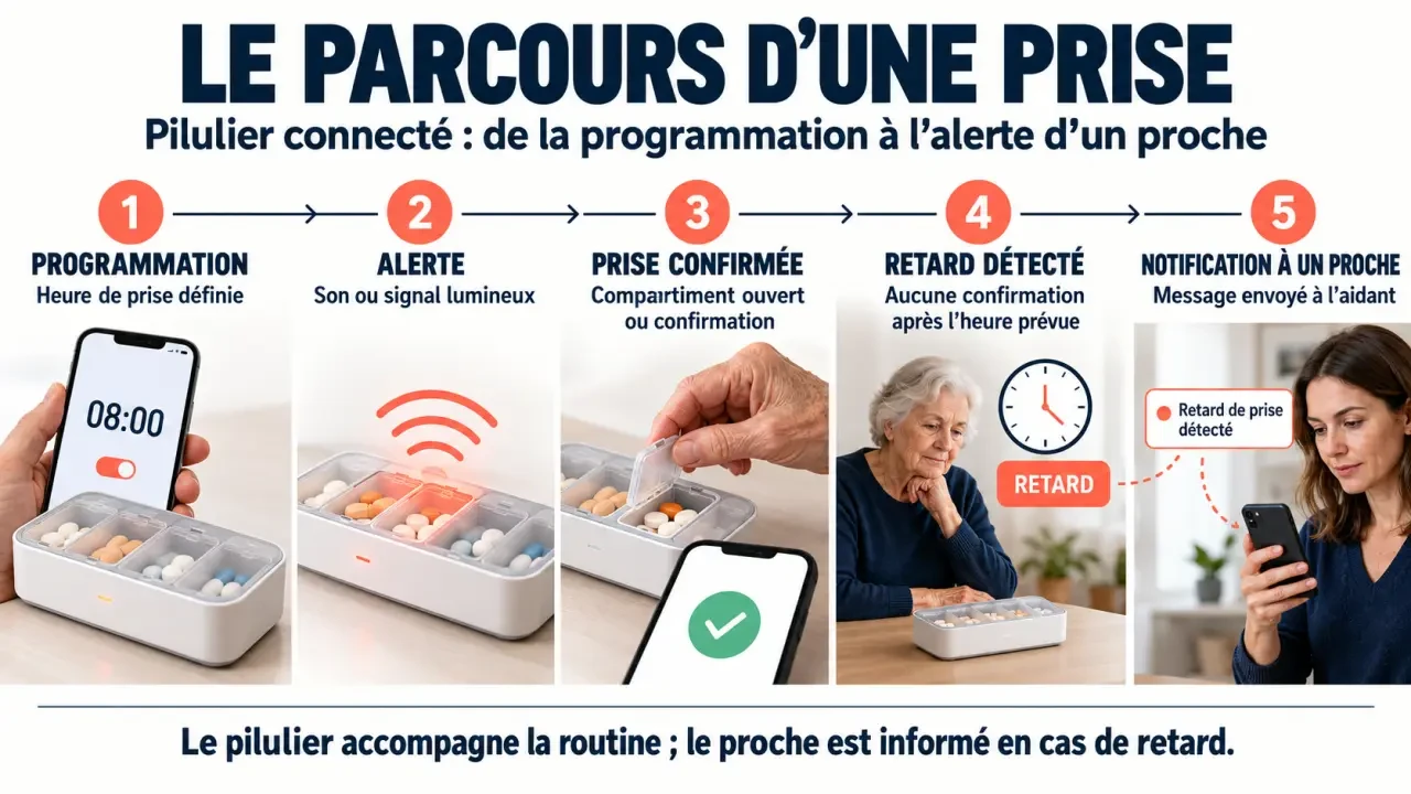 Fonctionnement d’un pilulier connecté avec rappel de prise et alerte aux proches