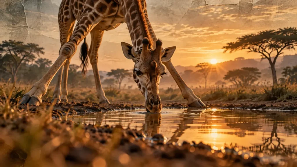 Giraff au point d’eau en savane, acacias au loin
