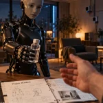 Romeo robot d’assistance, châssis carbone et 39 moteurs près d’une table