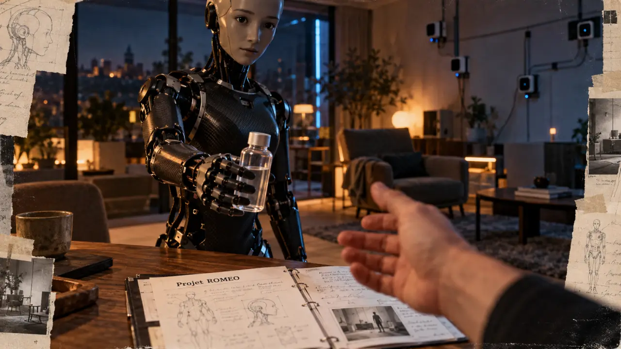 Romeo robot d’assistance, châssis carbone et 39 moteurs près d’une table